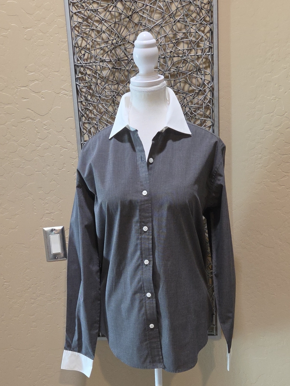 Charter Club Women's Charcoal Button-Up Shirt with White Contrast Collar & Cuffs